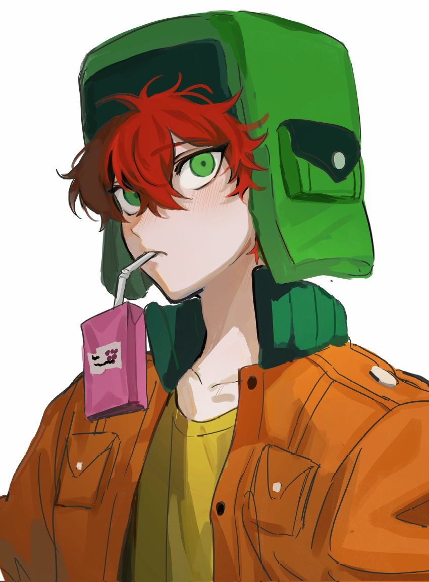 1boy, animification, cgvske1003, closed_mouth, coat, drinking_straw, fur_hat, green_eyes