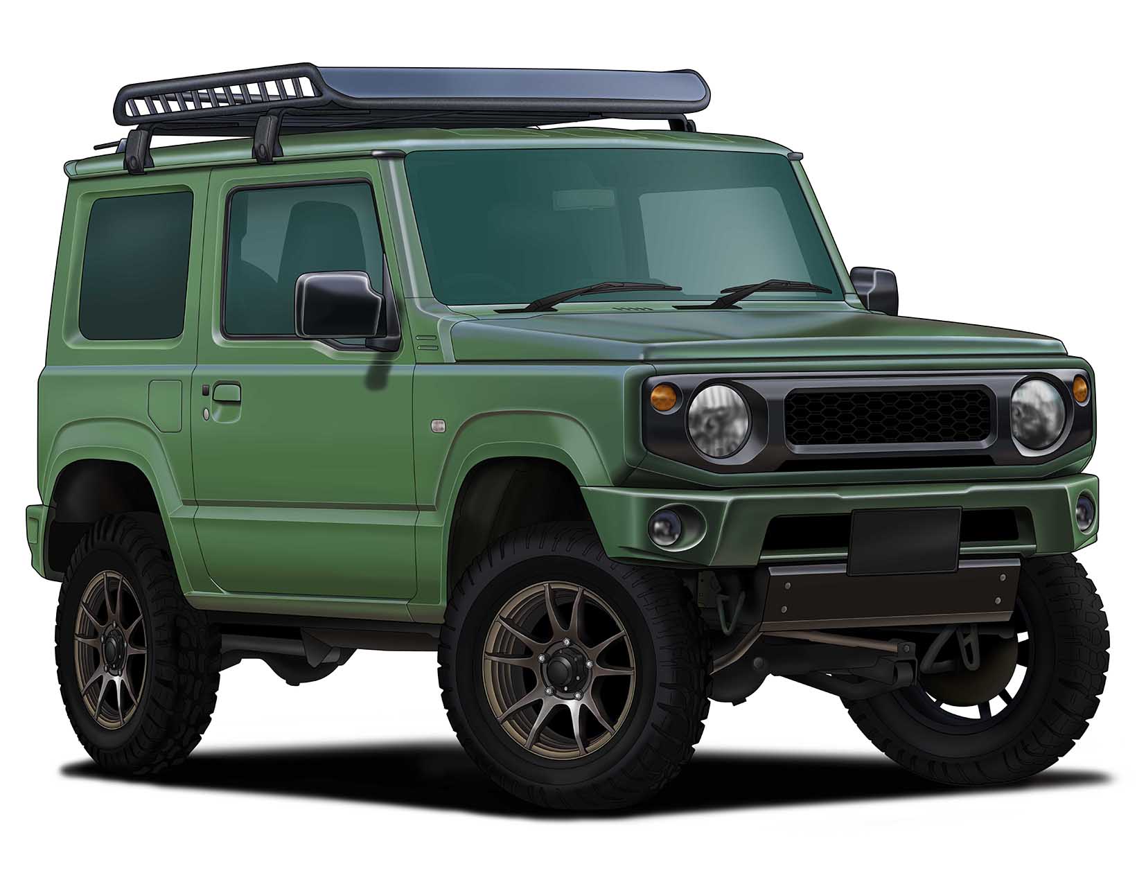car, commentary_request, ground_vehicle, headlight, highres, license_plate, motor_vehicle, no_humans, original, shadow, simple_background, sports_utility_vehicle, suzuki_(company), suzuki_jimny, tsuzuki1110, vehicle_focus, white_background