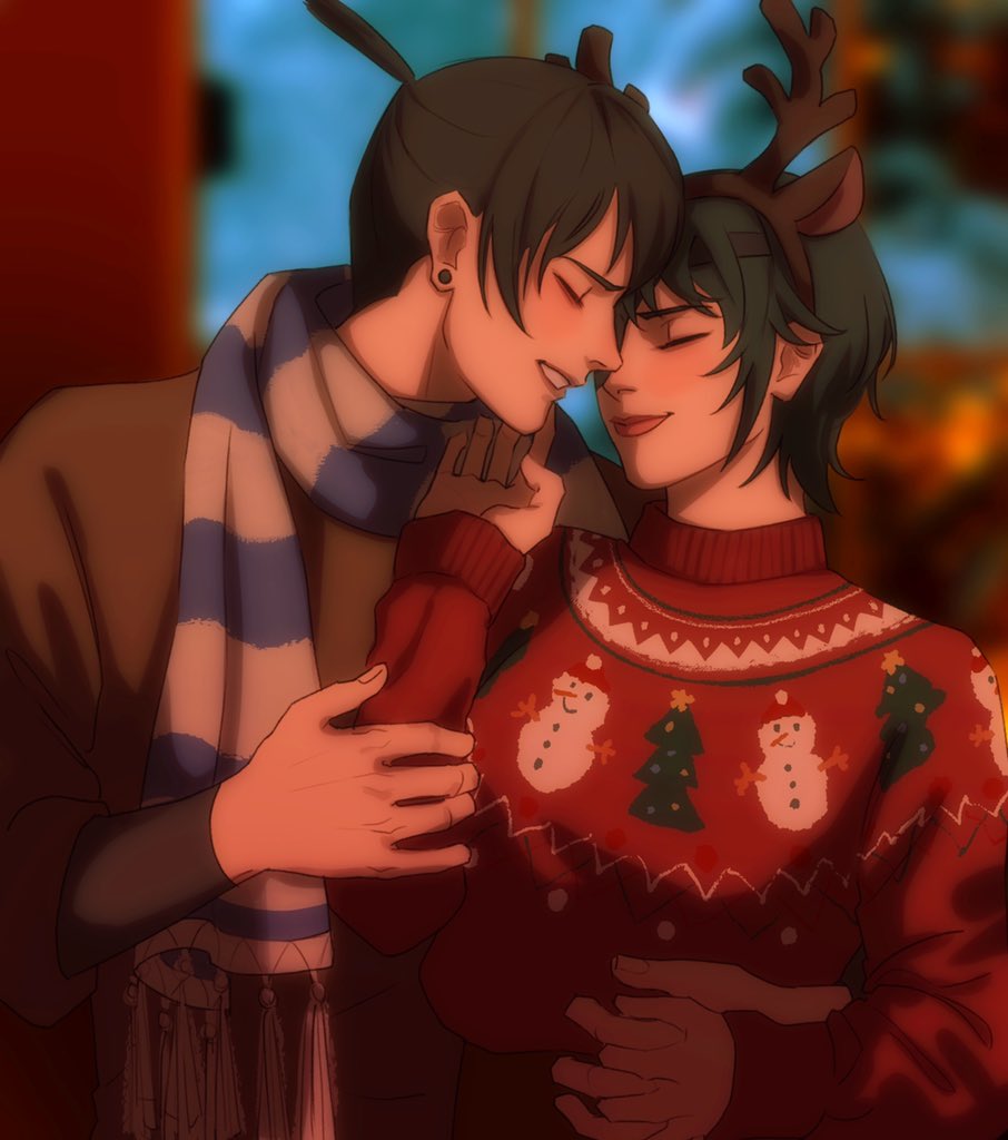 1boy, 1girl, animal_ears, antlers, black_hair, blurry, blurry_background, chainsaw_man