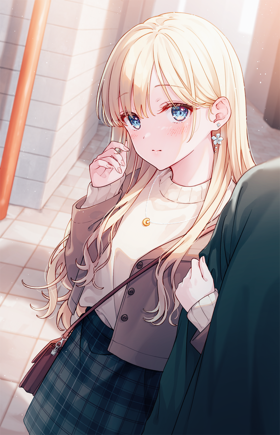 1boy, 1girl, aoi_yuki, bag, bangs, blonde_hair, blue_eyes, blush