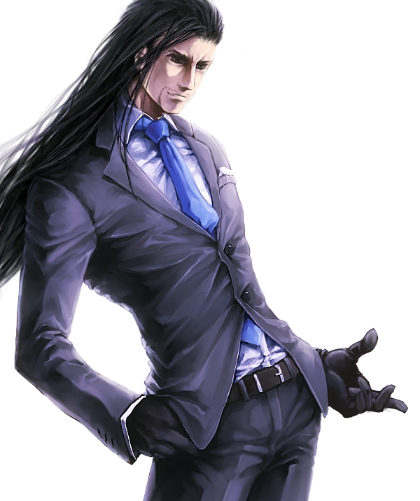 1boy, belt, black_eyes, black_gloves, black_hair, black_jacket, black_pants, blue_necktie