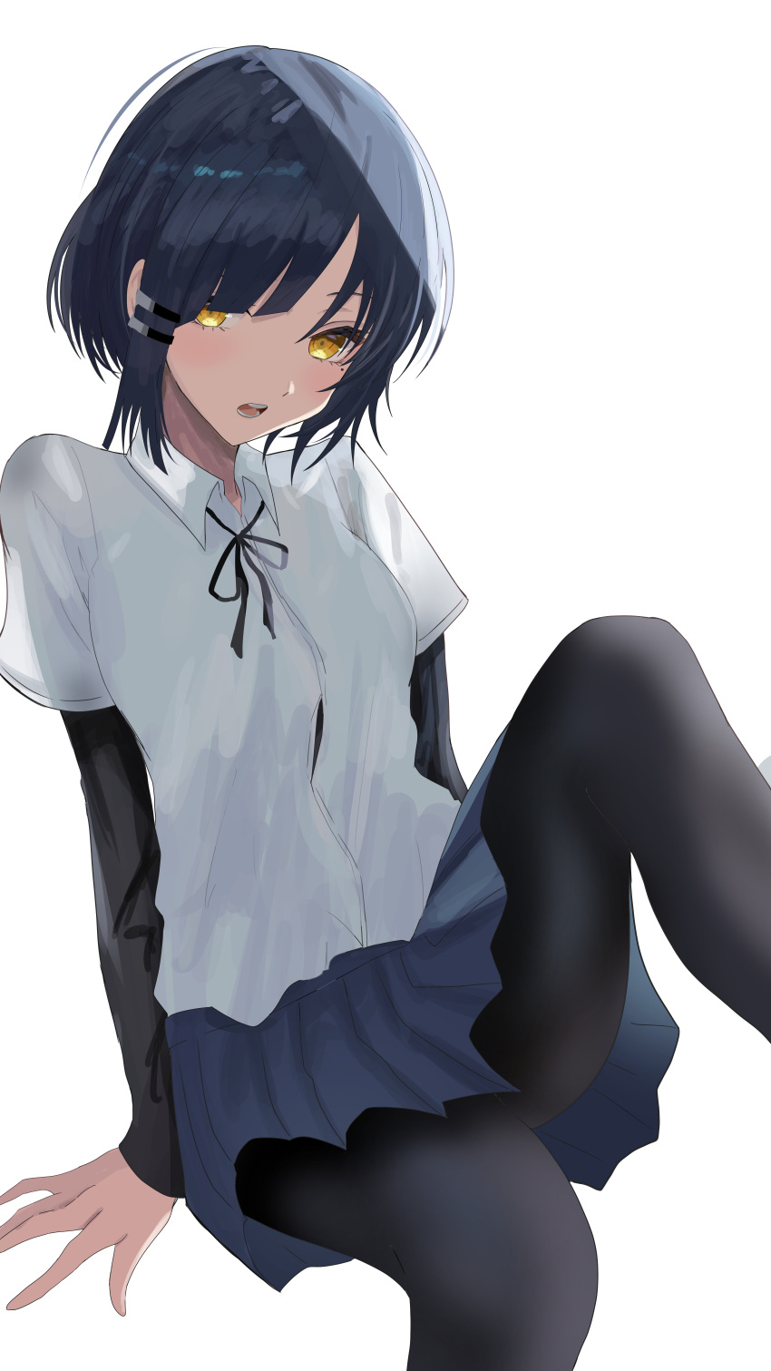 1girl, absurdres, blue_hair, bocchi_the_rock!, collared_shirt, dark_blue_hair, hair_ornament, hair_over_one_eye, hairclip, highres, kirameki_(rikukaikuu), looking_at_viewer, open_mouth, pantyhose, ribbon, school_uniform, shirt, simple_background, sitting, skirt, solo, white_background, yamada_ryou, yellow_eyes