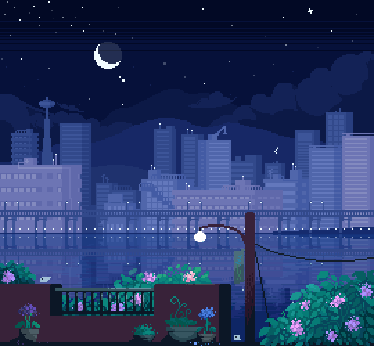 animated, animated_gif, bird, building, city, clouds, crescent_moon, flickering