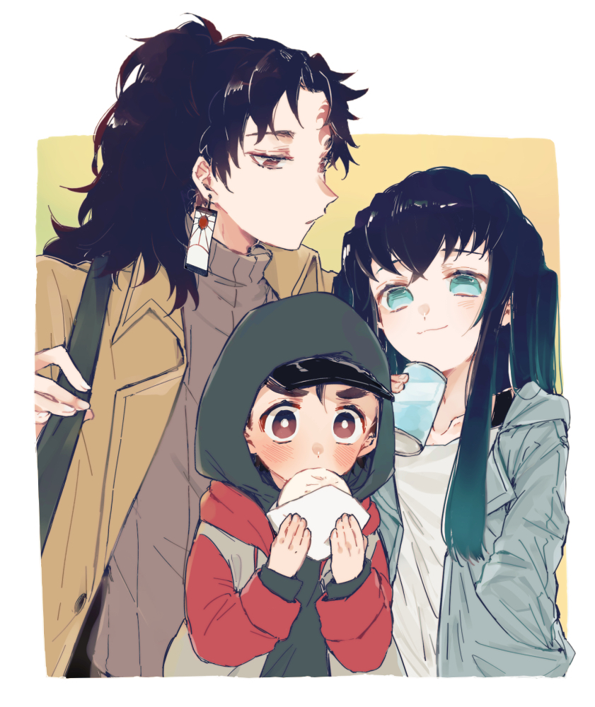 3boys, :3, baozi, black_hair, blue_eyes, blue_hair, can, food, green_hoodie, grey_sweater, hanafuda, high_ponytail, hood, hood_up, hoodie, jacket, kimetsu_no_yaiba, kotetsu_(kimetsu_no_yaiba), letterman_jacket, long_hair, long_sleeves, looking_at_viewer, male_focus, multiple_boys, red_eyes, sweater, tokitou_muichirou, tsugikuni_yoriichi, turtleneck, turtleneck_sweater, tuti_no, very_long_hair, white_jacket