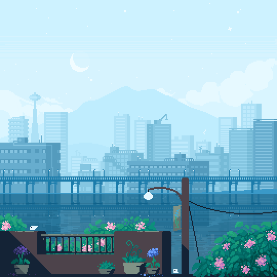 animated, animated_gif, bird, blue_sky, building, city, clouds, crescent_moon, day, flower, flower_pot, ground_vehicle, jubilee_(8px), lamppost, landscape, moon, mountain, no_humans, outdoors, pixel_art, seattle, sky, skyline, skyscraper, space_needle, train, water