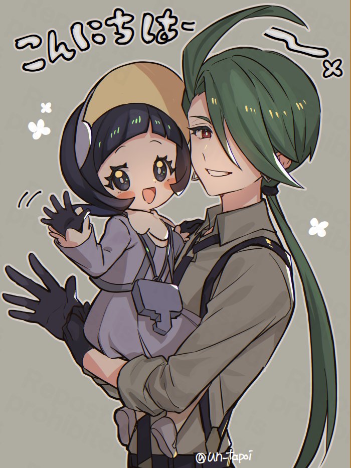 2girls, :d, ahoge, bangs, black_eyes, black_gloves, black_hair, black_necktie, black_pants, blush_stickers, bright_pupils, brown_eyes, cardigan, collared_shirt, commentary_request, dress, gloves, green_hair, grey_cardigan, grey_dress, grey_shirt, grin, long_hair, multiple_girls, necktie, open_mouth, pants, pokemon, pokemon_(game), pokemon_sv, poppy_(pokemon), rika_(pokemon), shirt, short_hair, smile, suspenders, un_tapoi, white_pupils