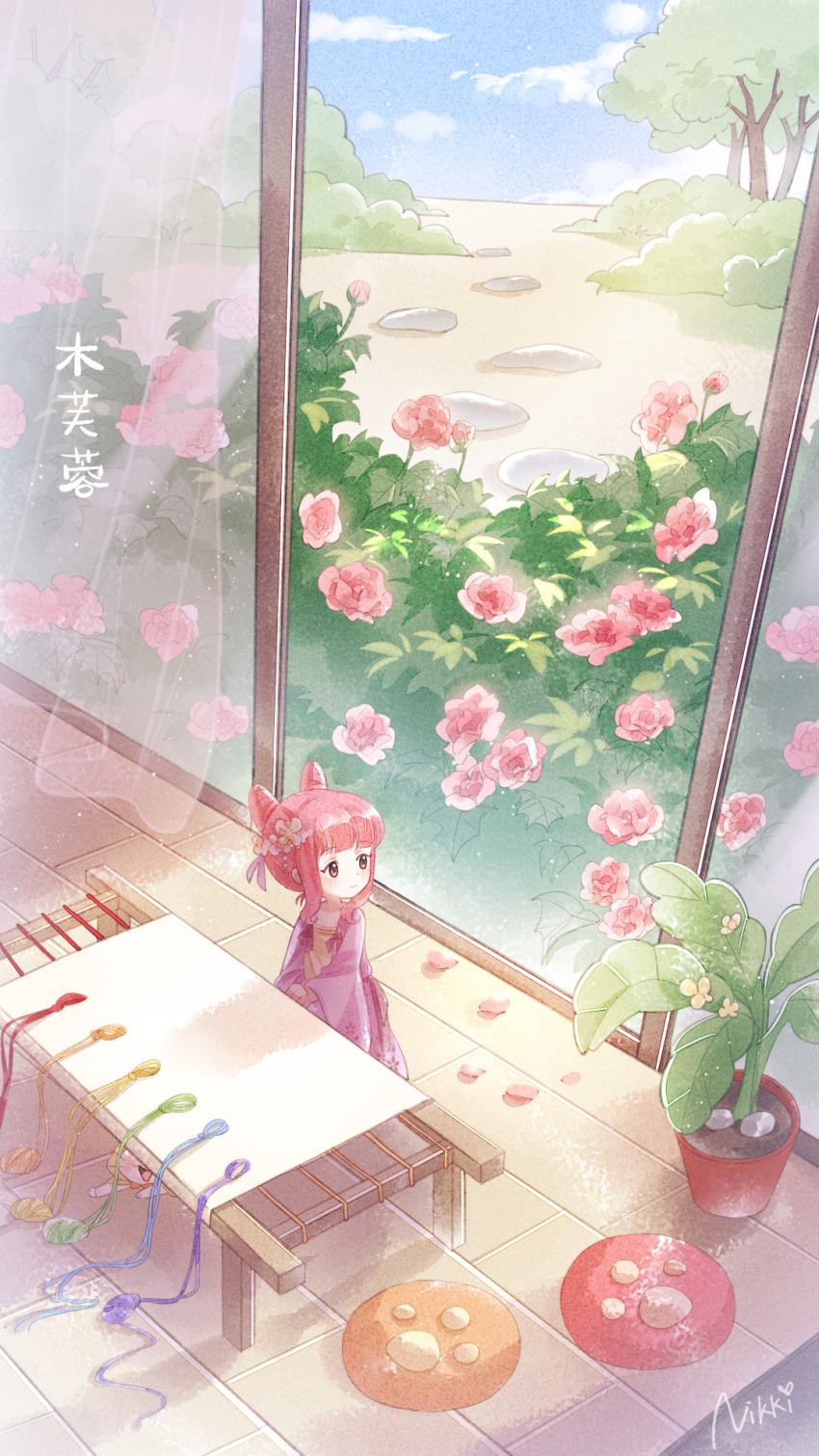 1boy, 1girl, backyard, bangs, blush, brown_eyes, cat, chinese_commentary