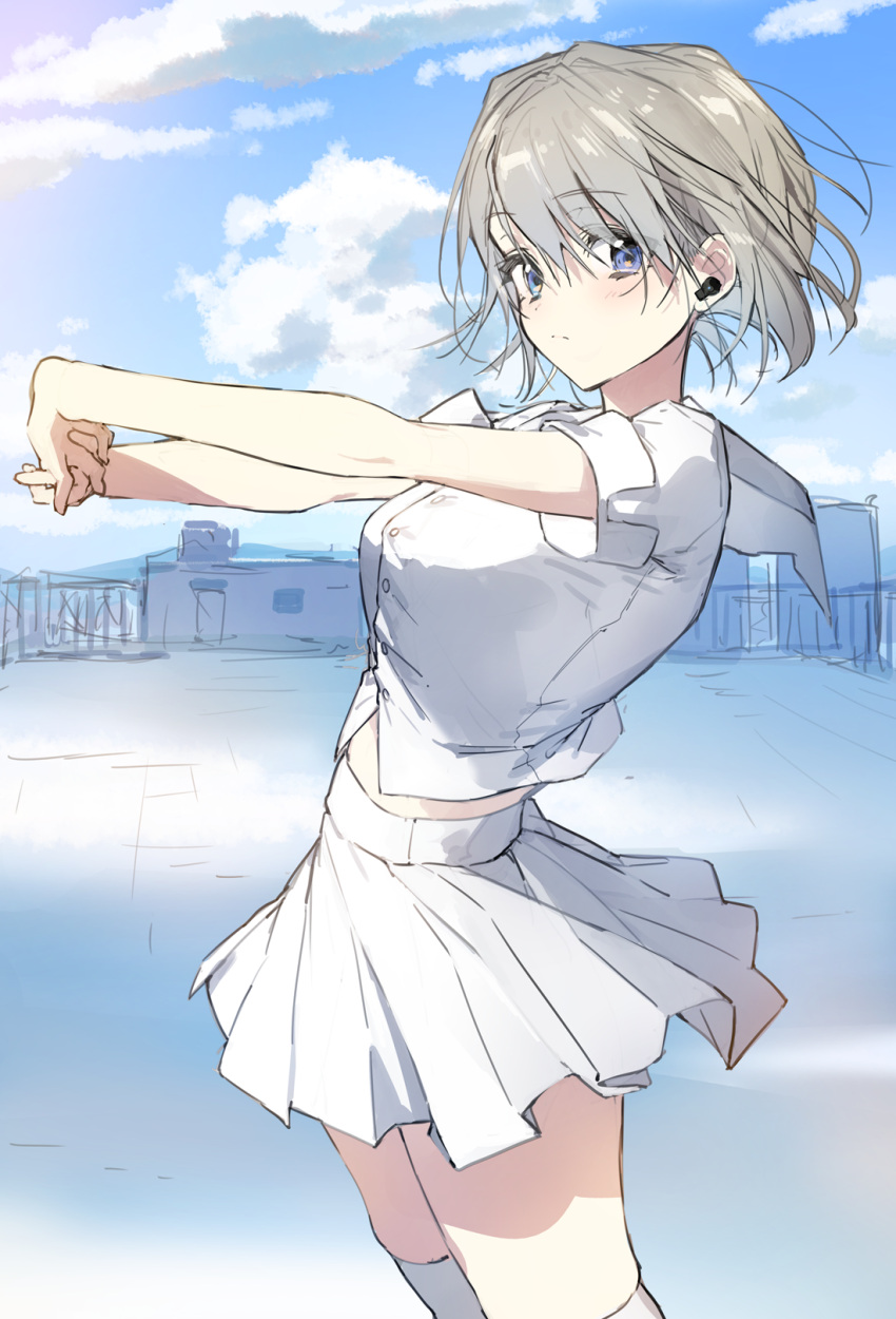 1girl, bangs, blue_eyes, buttons, clouds, cowboy_shot, day, dress_shirt