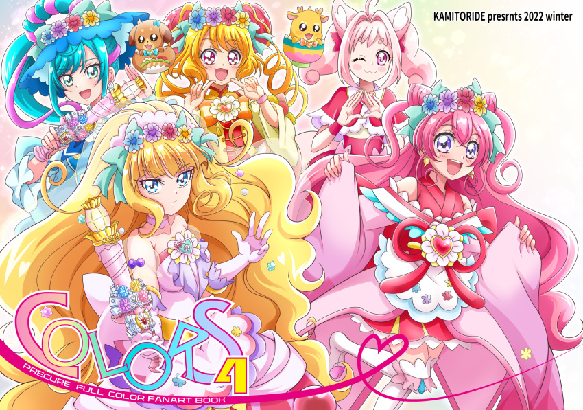 5girls, :d, ;3, ahoge, animal_ears, apron, aqua_bow, back_bow