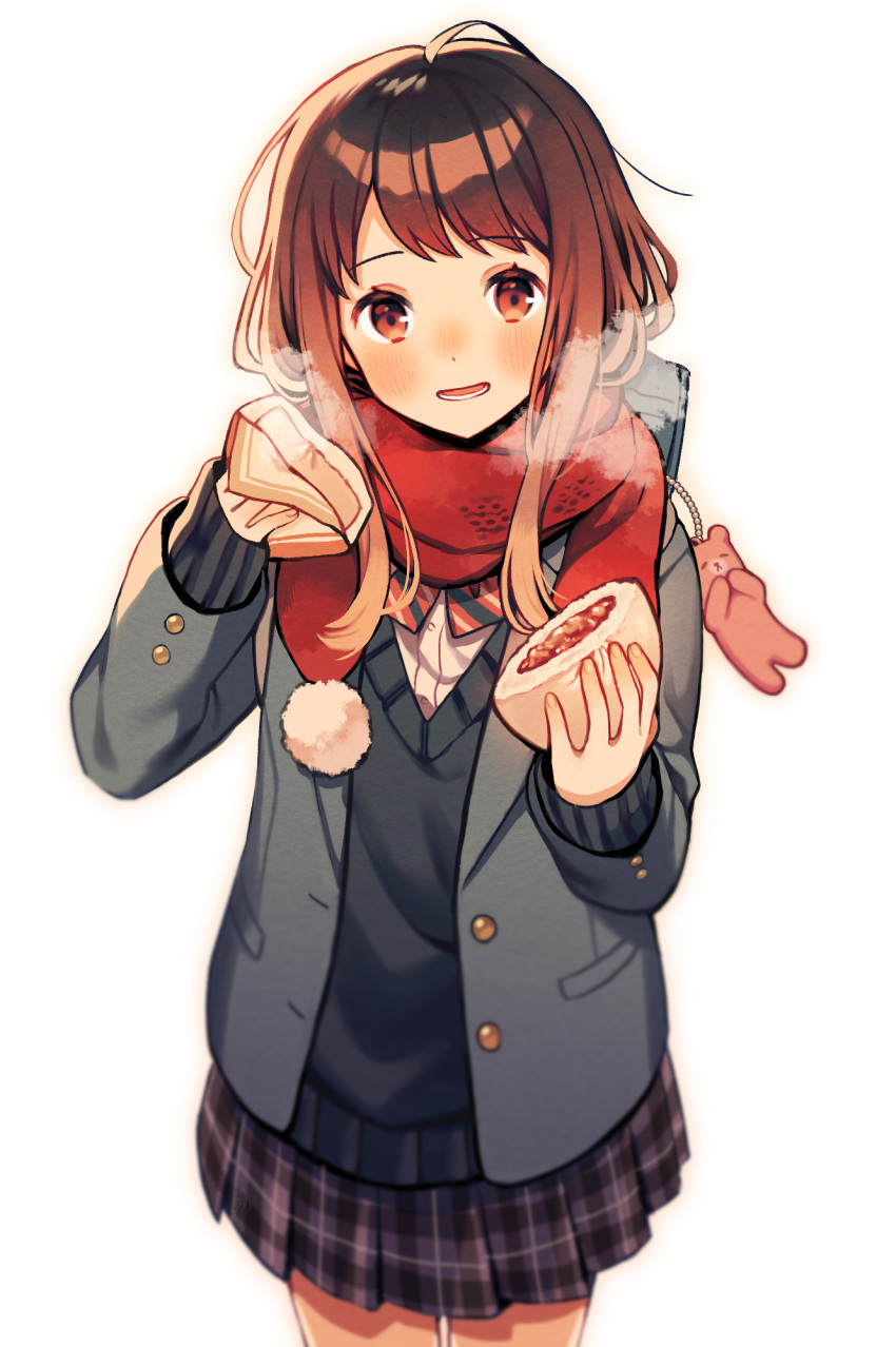 1girl, bag, bag_charm, bangs, baozi, blazer, blush, bow