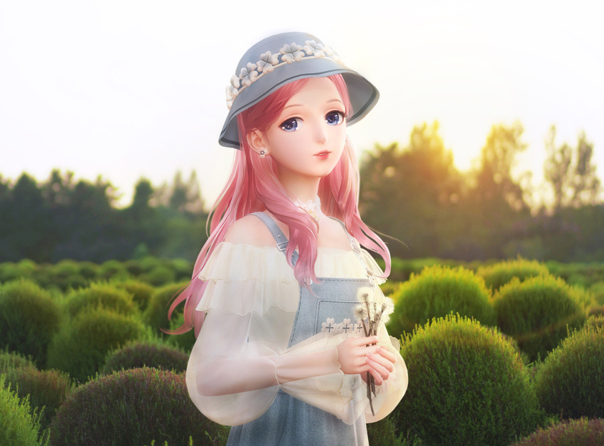 1girl, bangs, blue_eyes, blurry, blurry_background, bush, chinese_commentary, choker