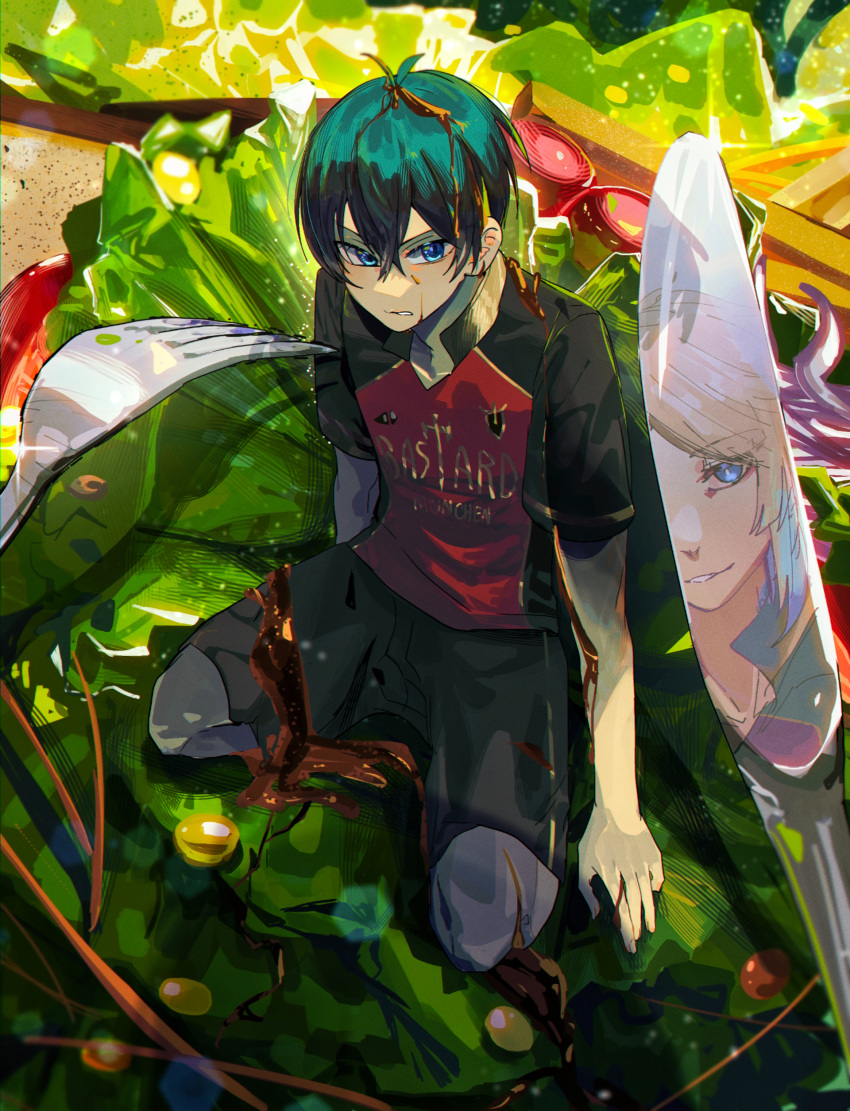 2boys, absurdres, bangs, black_hair, black_shirt, black_shorts, blonde_hair, blue_eyes, blue_hair, blue_lock, clothes_writing, fdrc, food, food_on_face, food_on_head, fork, hair_between_eyes, highres, isagi_yoichi, knife, lettuce, looking_at_viewer, male_focus, michael_kaiser, miniboy, multiple_boys, object_on_head, on_food, reflection, salad, salad_dressing, shirt, short_hair, short_sleeves, shorts, smile, soccer_uniform, sportswear