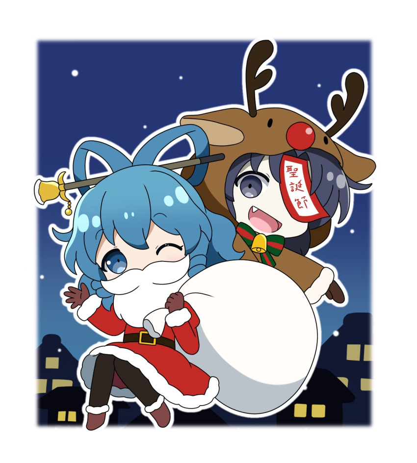 2girls, :d, alternate_costume, animal_costume, black_hair, brown_gloves, chisel, christmas
