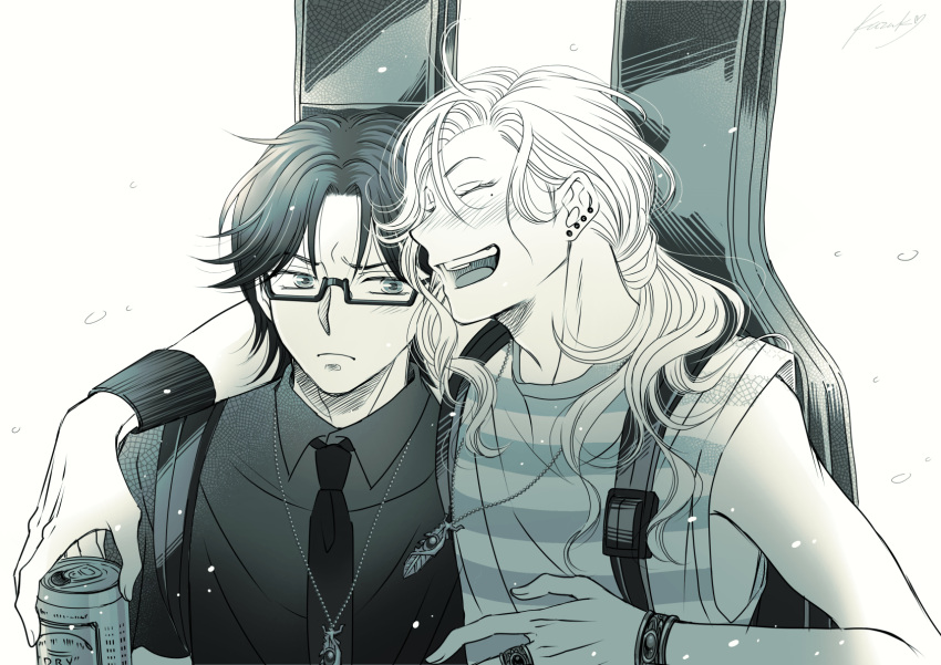 2boys, arm_around_shoulder, band_yarouze!, beer_can, black-framed_eyewear, black_hair, blush, bracelet