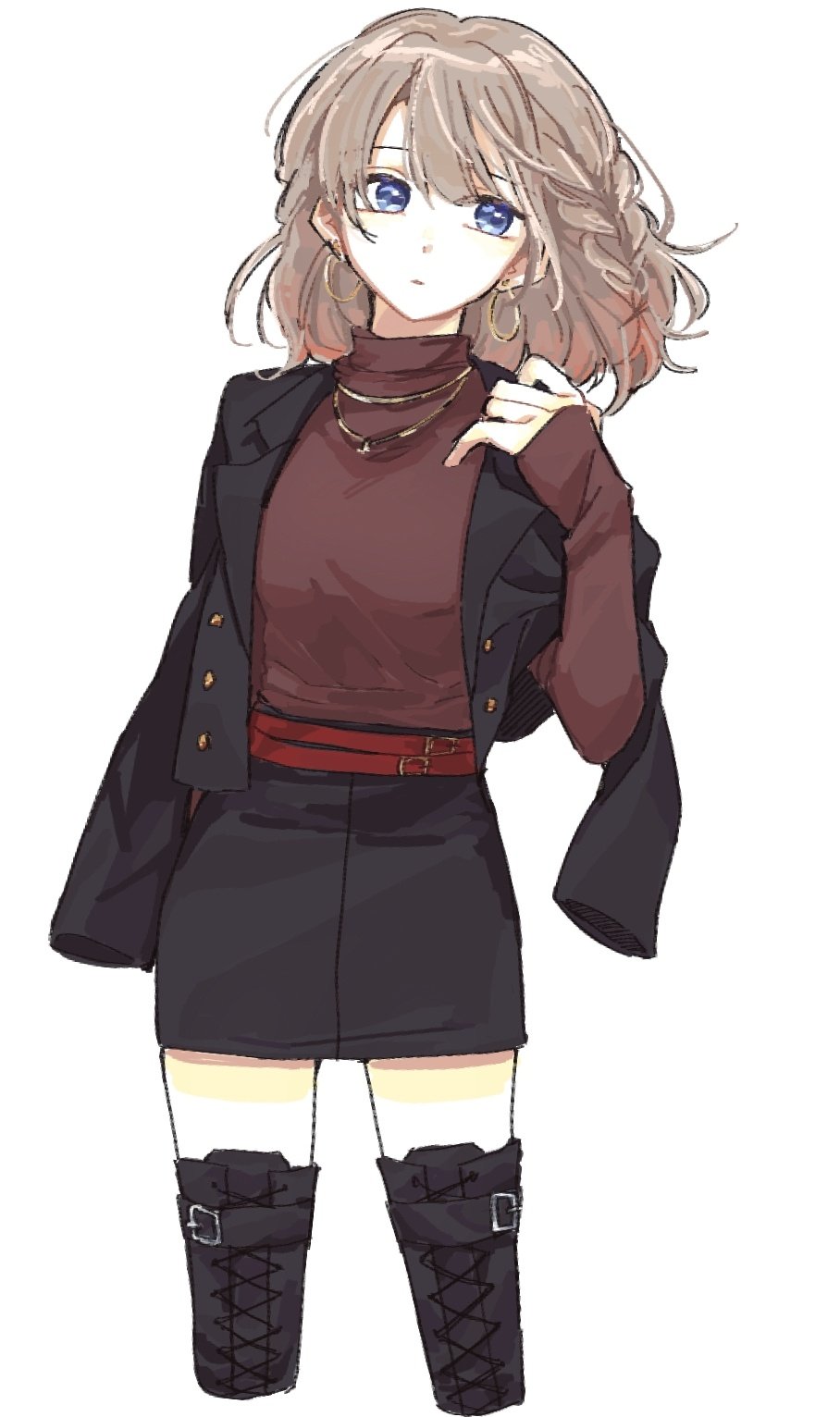 1girl, belt, black_footwear, black_jacket, black_skirt, blue_eyes, boots, braid