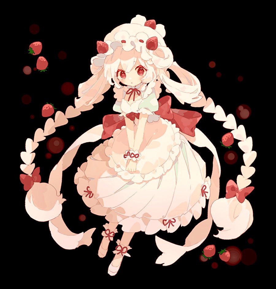 1girl, alcremie, alcremie_(strawberry_sweet), alcremie_(vanilla_cream), apron, black_background, bow, braid