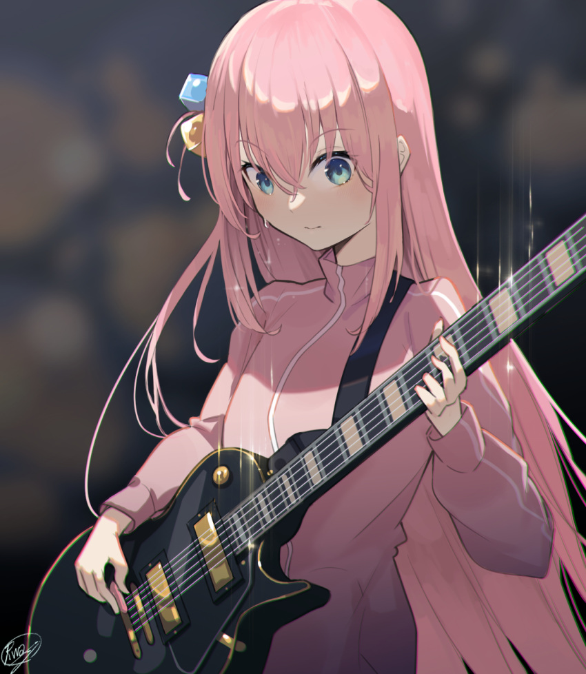 1girl, blue_eyes, bocchi_the_rock!, electric_guitar, gotou_hitori, guitar, hair_between_eyes, hair_bobbles
