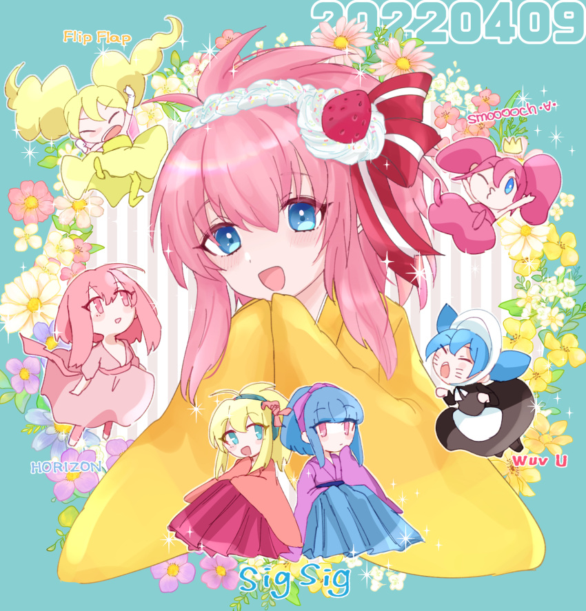 6+girls, arm_up, beatmania, beatmania_iidx, bemani, black_dress, blonde_hair, blowing_kiss, blue_eyes, blue_hair, blush, chibi, closed_eyes, commentary_request, crown, double_bun, dress, facial_mark, flip_flap_(bemani), flower, hair_between_eyes, hair_bun, hairband, hand_up, hands_up, highres, horizon_(bemani), japanese_clothes, kimono, long_sleeves, mizutamari_(lbsbdpsp), multiple_girls, one_eye_closed, open_mouth, pantyhose, pink_dress, pink_eyes, pink_hair, pop'n_music, sidelocks, sigsig_(bemani), smooooch, song_name, tutu, whisker_markings, wide_sleeves, wuv_u, yellow_dress, yellow_pantyhose