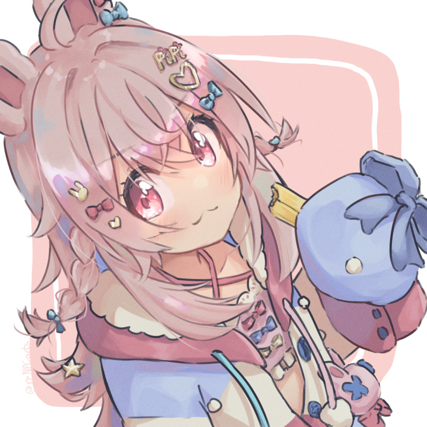 1girl, :3, animal_ears, blush, border, bow, commentary, english_commentary