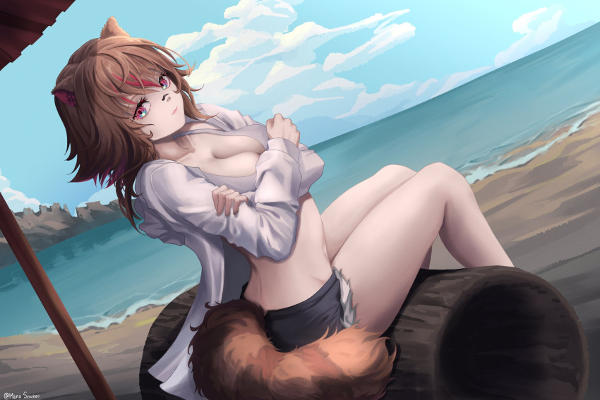 1girl, animal_ears, bare_legs, beach, blue_eyes, blue_sky, breast_hold, breasts