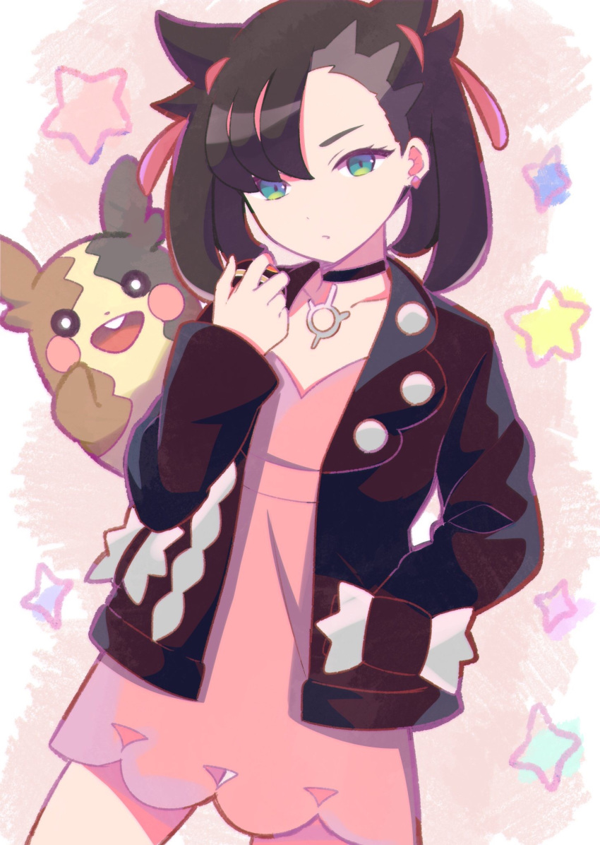 1girl, bangs, black_choker, black_hair, choker, dress, ear_piercing, green_eyes
