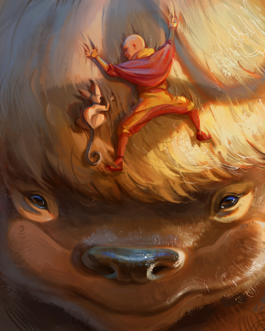 1boy, aang, animal, appa, arrow_(symbol), avatar:_the_last_airbender, avatar_legends, bald