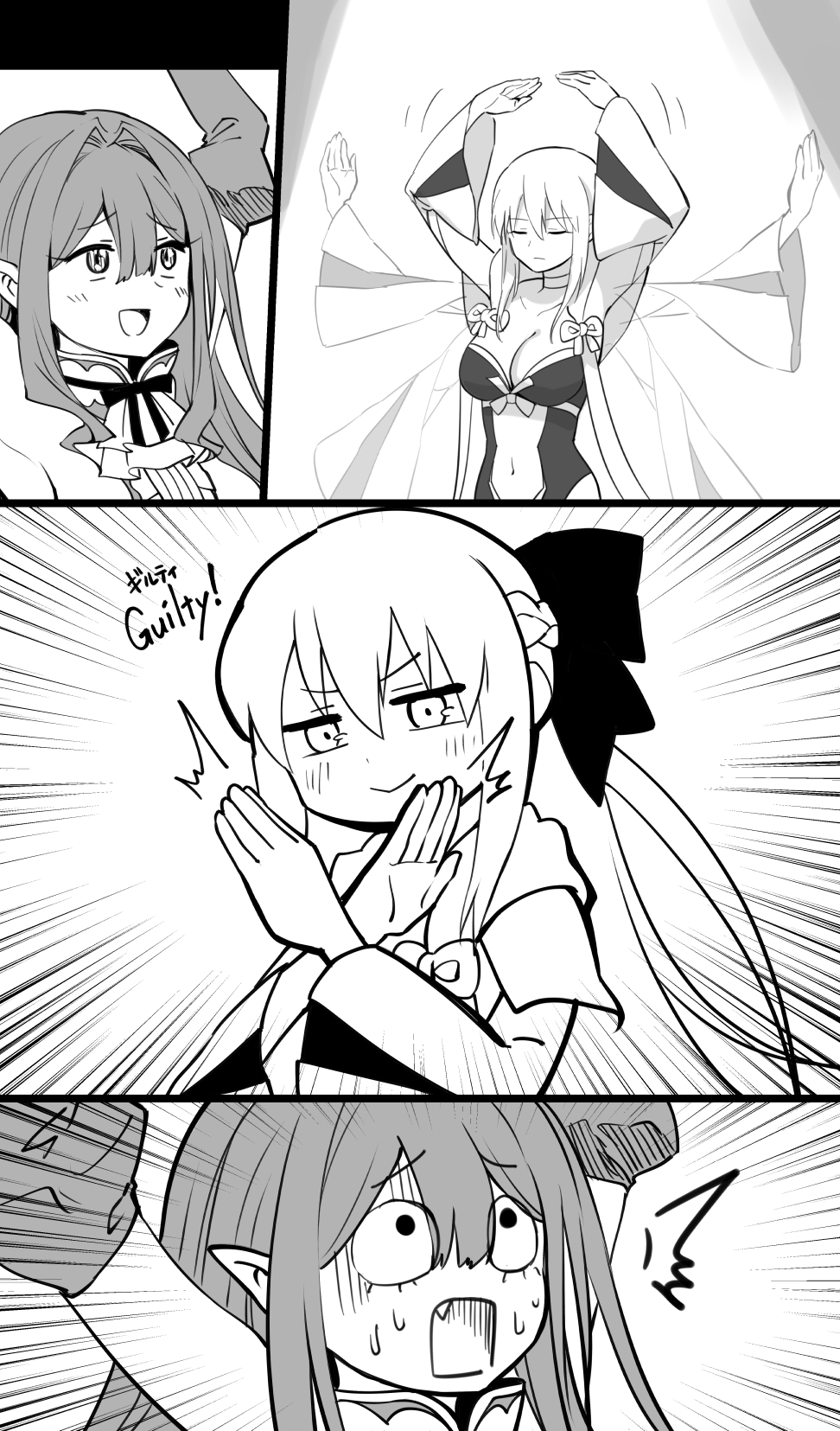 >:), 2girls, ^^^, afterimage, arms_up, bangs, closed_mouth, crossed_arms