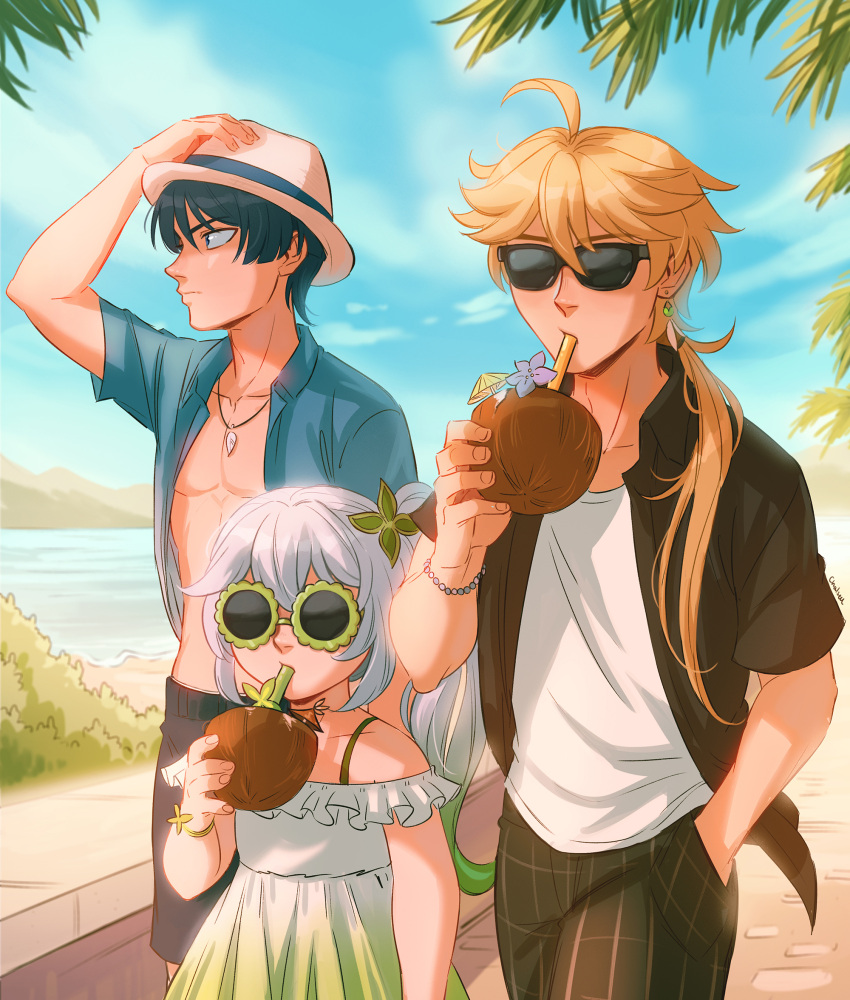 1girl, 2boys, aether_(genshin_impact), ahoge, alternate_costume, bare_shoulders, beach, black_shirt