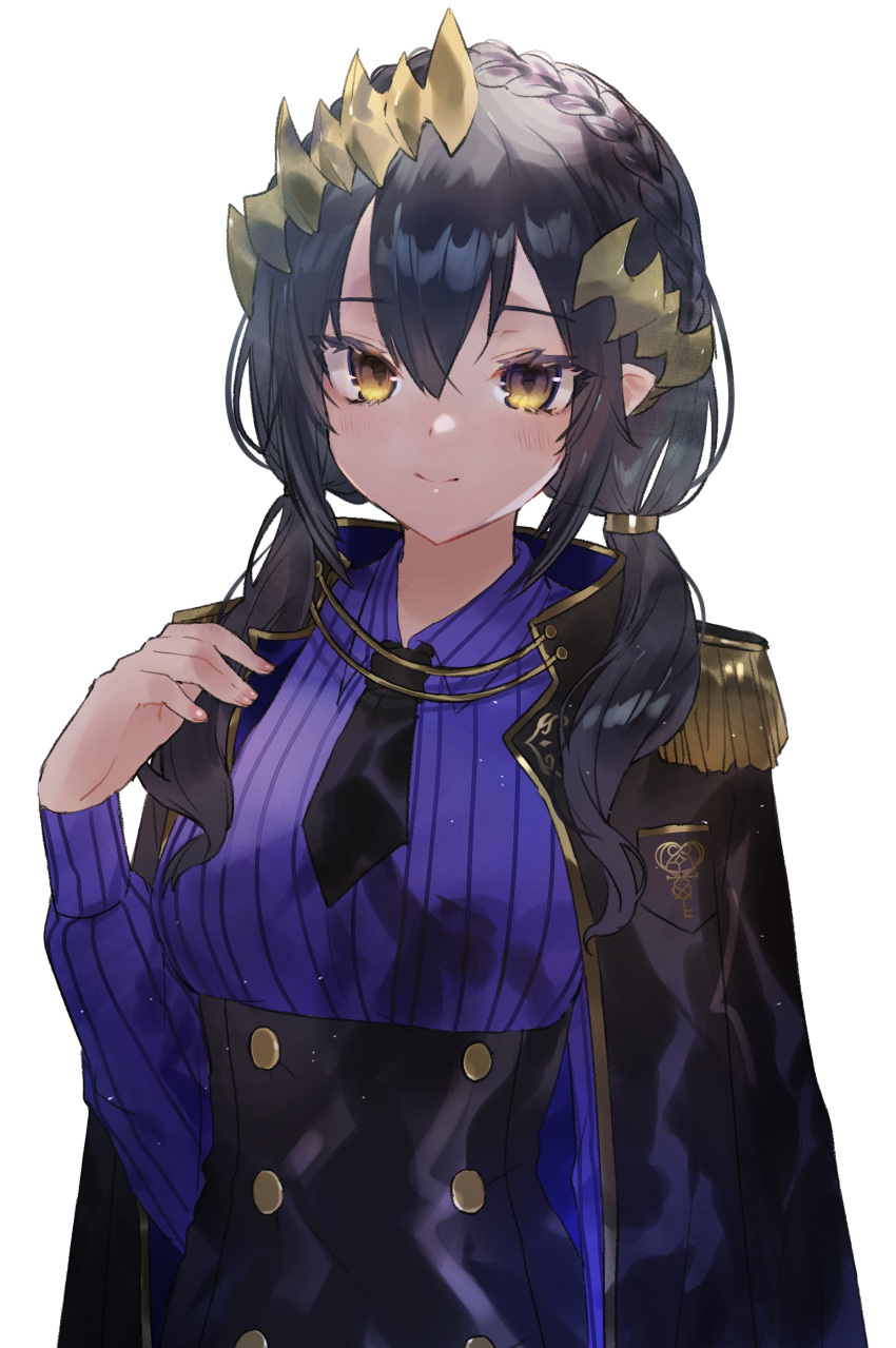 1girl, 774_inc., absurdres, bangs, black_corset, black_hair, black_necktie, blush