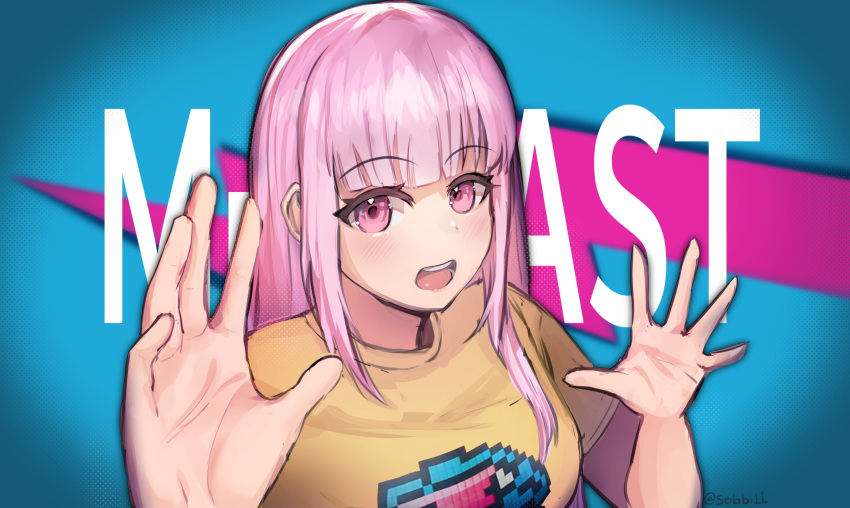 1girl, artist_name, bangs, blue_background, blunt_bangs, english_commentary, english_text, hands_up
