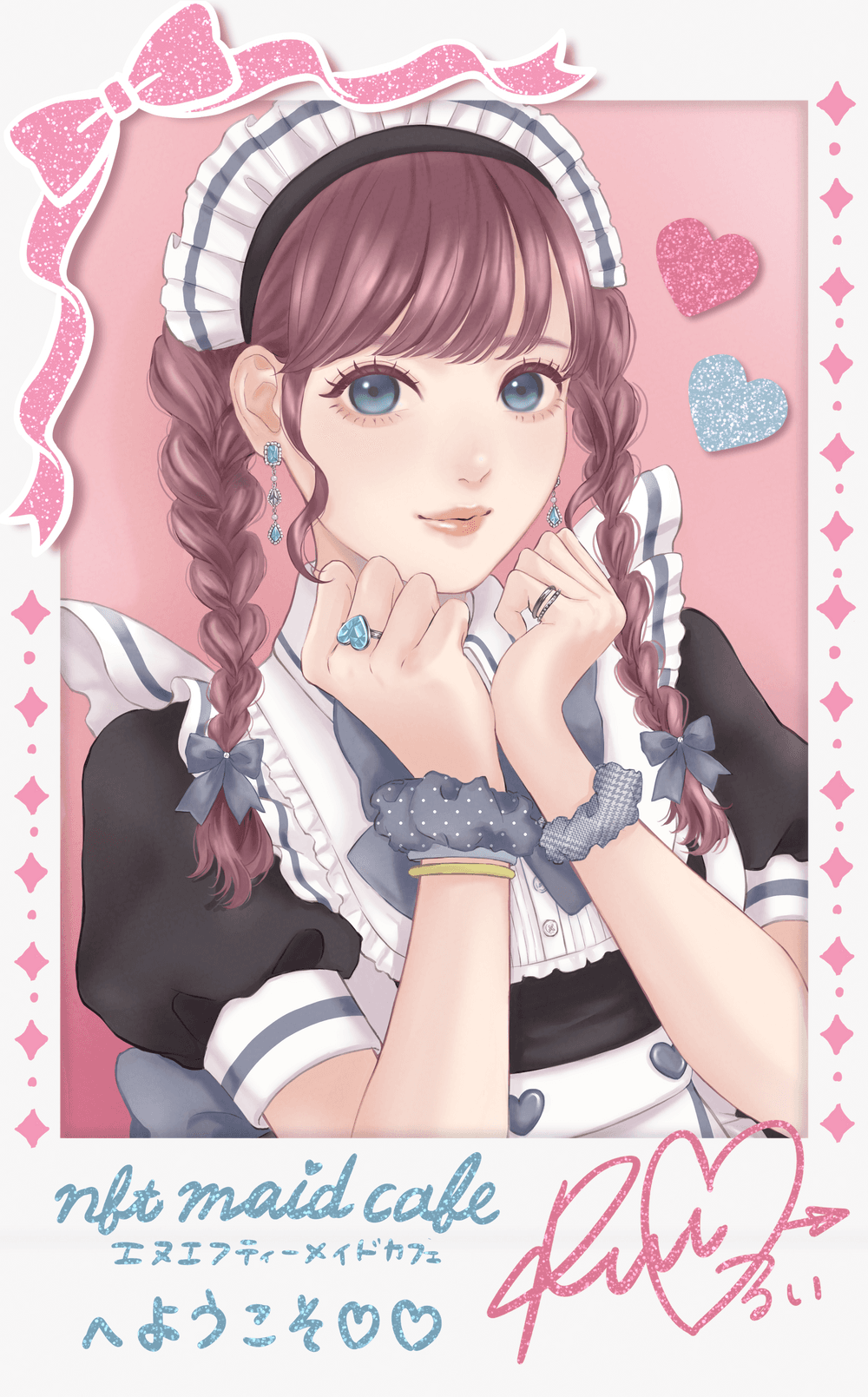 1girl, apron, aqua_gemstone, arm_scrunchie, arrow_(symbol), bangs, bilingual, black_dress