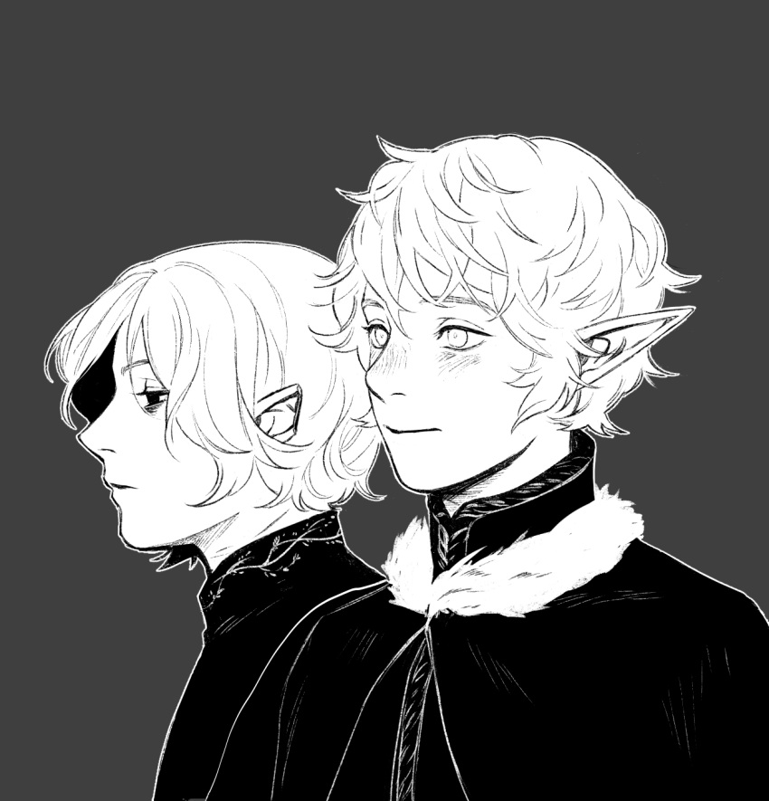 2boys, black_coat, black_eyes, brothers, coat, dungeon_meshi, elf, greyscale