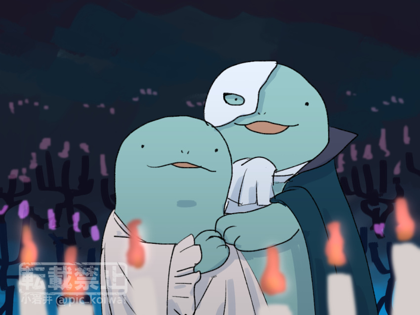 1boy, 1girl, ascot, black_cape, blurry, blurry_foreground, candle, cape, christine_daae, erik_(phantom_of_the_opera), half_mask, mask, music, no_humans, parody, phantom_of_the_opera, pic_koiwai, pokemon, pokemon_(creature), quagsire, singing, twitter_username