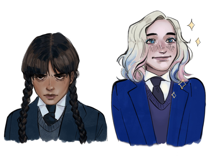 2girls, addams_family, bangs, black_hair, black_jacket, black_necktie, blonde_hair, blue_eyes, blue_jacket, braid, enid_sinclair, grey_vest, highres, jacket, long_hair, medium_hair, multicolored_hair, multiple_girls, n0carmenkarma, necktie, nevermore_academy_school_uniform, pink_hair, school_uniform, twin_braids, twintails, vest, wednesday_(netflix), wednesday_addams