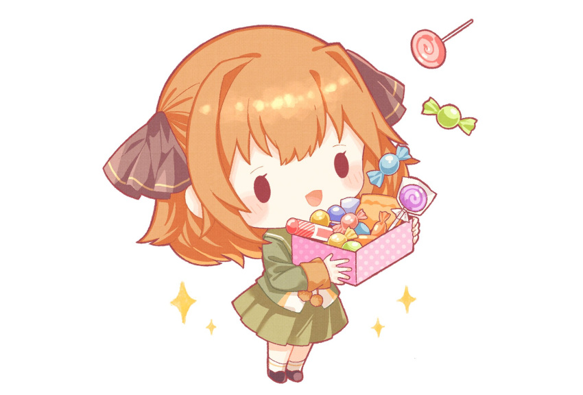 1girl, bangs, black_ribbon, blush, box, brown_hair, candy, chibi