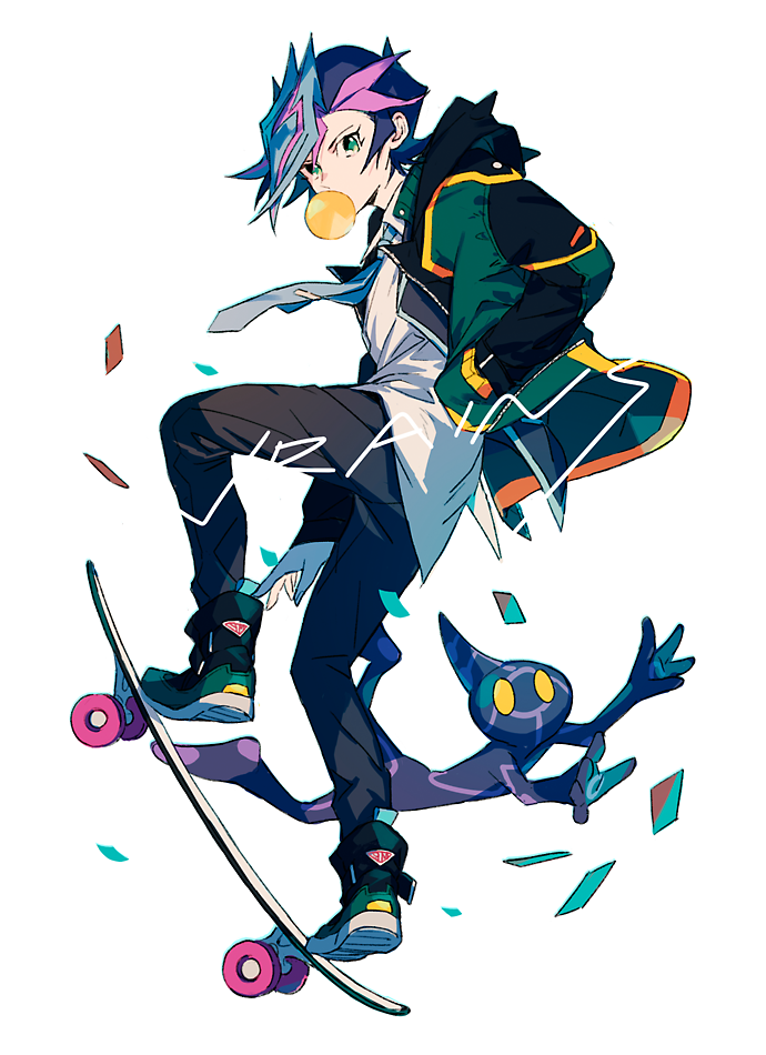 ai_(yu-gi-oh!), black_pants, blue_eyes, bubble_blowing, collared_shirt, commentary_request, ebira, floating, fujiki_yuusaku, hand_in_pocket, jacket, looking_at_viewer, mixed-language_commentary, multicolored_hair, necktie, open_clothes, open_jacket, pants, shirt, shoes, skateboard, skateboarding, sneakers, tie_clip, untucked_shirt, white_shirt, yu-gi-oh!, yu-gi-oh!_vrains