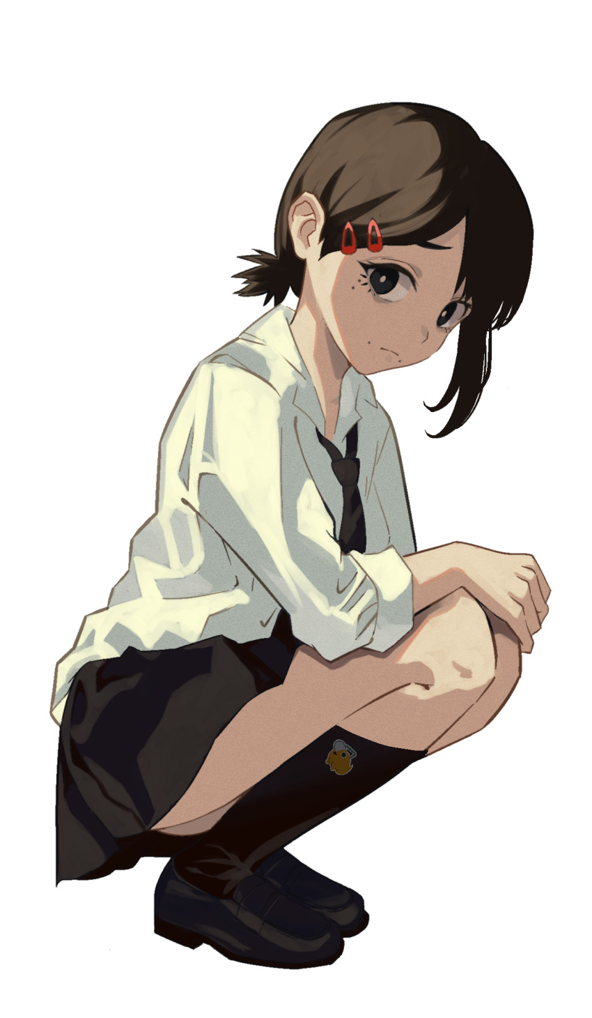 1girl, black_eyes, black_footwear, black_hair, black_necktie, black_skirt, black_socks, bright_pupils