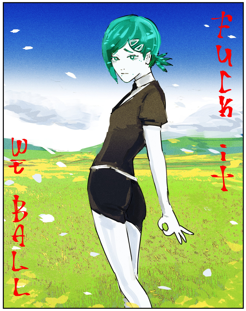 1girl, absurdres, bangs, belt, black_hair, black_necktie, black_shorts, blue_sky