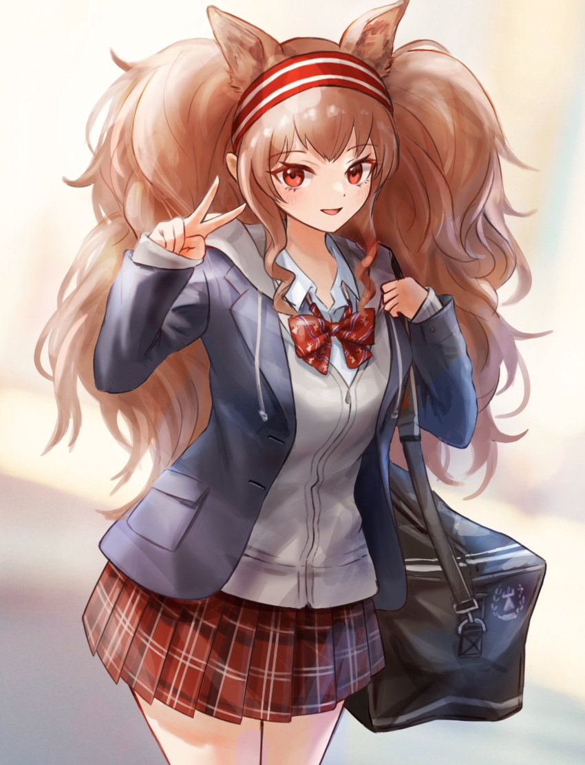 1girl, :d, angelina_(arknights), animal_ear_fluff, animal_ears, arknights, bag, black_jacket, blazer, bow, brown_hair, collared_shirt, commentary_request, cowboy_shot, drawstring, duffel_bag, garvini, grey_jacket, hairband, hands_up, highres, hood, hood_down, hooded_jacket, jacket, long_hair, looking_at_viewer, open_clothes, open_jacket, plaid, plaid_skirt, pleated_skirt, red_bow, red_eyes, red_hairband, red_skirt, shirt, skirt, smile, solo, striped, striped_hairband, twintails, very_long_hair, white_shirt