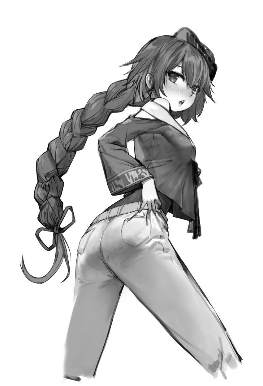 1girl, absurdres, adjusting_clothes, adjusting_legwear, beret, black_headwear, braid, hat