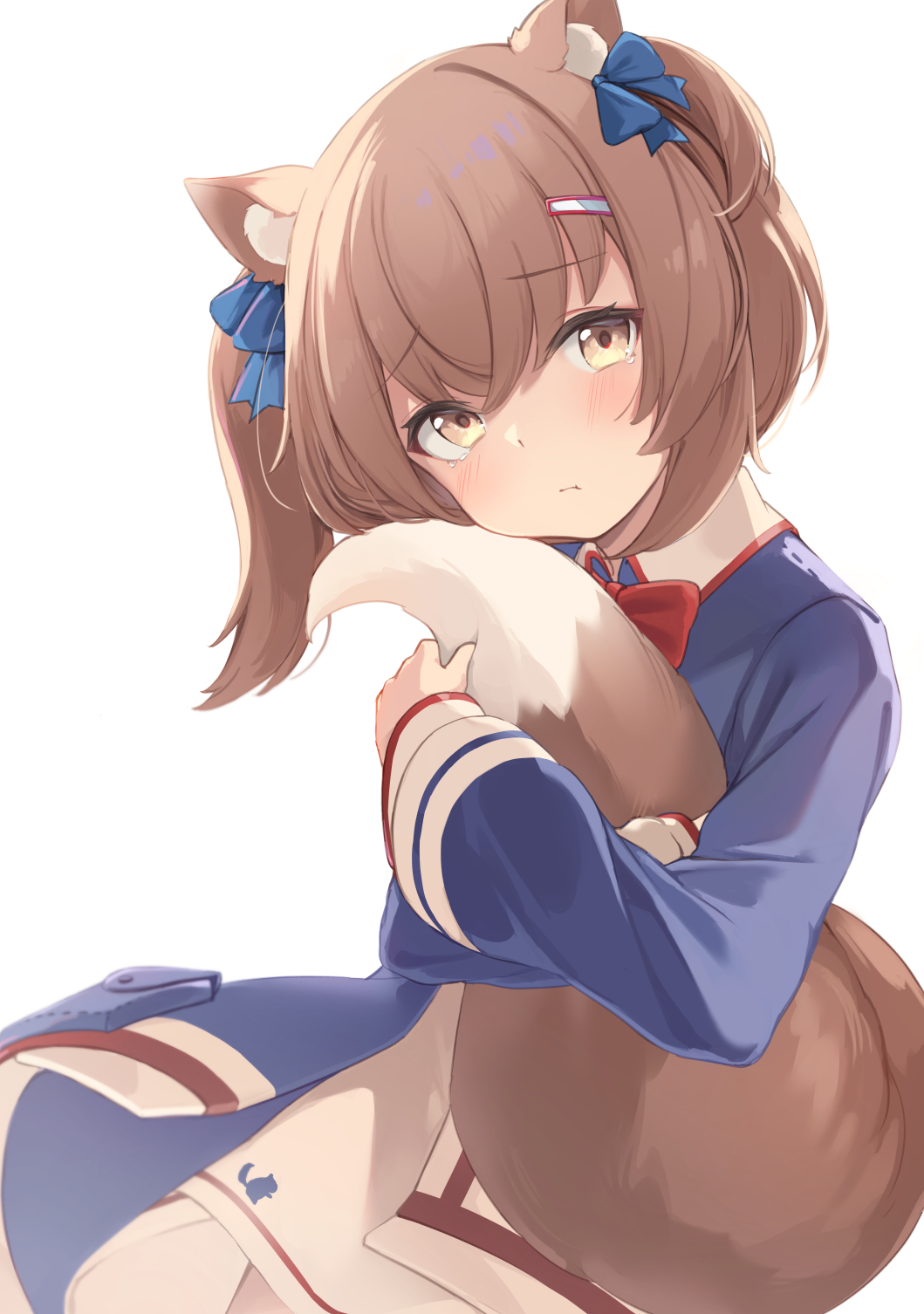 1girl, animal_ear_fluff, animal_ears, blue_bow, blue_dress, blush, bow, bowtie, brown_eyes, brown_hair, commission, dress, furry, furry_female, hair_bow, hair_ornament, hairclip, head_tilt, highres, looking_at_viewer, noa0319, original, pout, red_bow, red_bowtie, simple_background, skeb_commission, solo, tail, two_side_up, white_background
