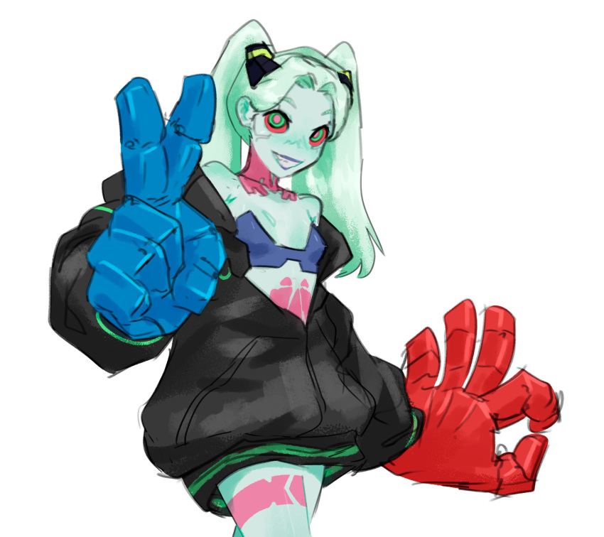 1girl, absurdres, artificial_eye, bad_hands, black_jacket, breasts, colored_sclera, cyberpunk_(series), cyberpunk_edgerunners, extra_digits, green_eyes, green_hair, gurumo_(twitter), highres, jacket, leg_tattoo, looking_at_viewer, mechanical_eye, mechanical_hands, neck_tattoo, ok_sign, pale_skin, partially_unzipped, petite, rebecca_(cyberpunk), red_eyes, red_sclera, samurai_jacket_(cyberpunk), simple_background, small_breasts, smile, solo, stomach_tattoo, tattoo, twintails, v, white_background