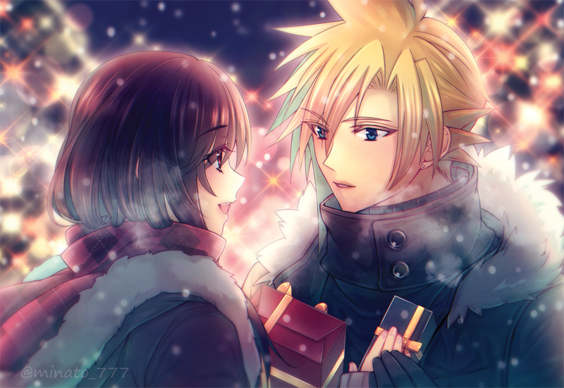 1boy, 1girl, bangs, black_gloves, black_hair, blonde_hair, blue_eyes, blurry
