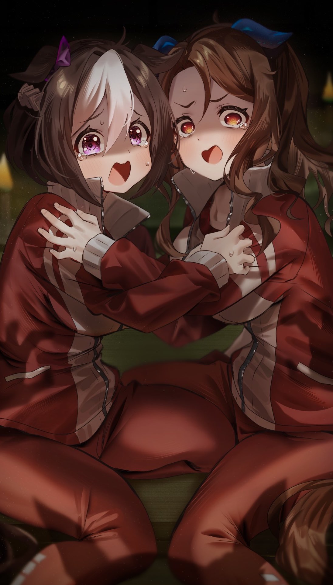 2girls, :o, animal_ears, blue_ear_covers, blush, brown_hair, crying, ear_covers