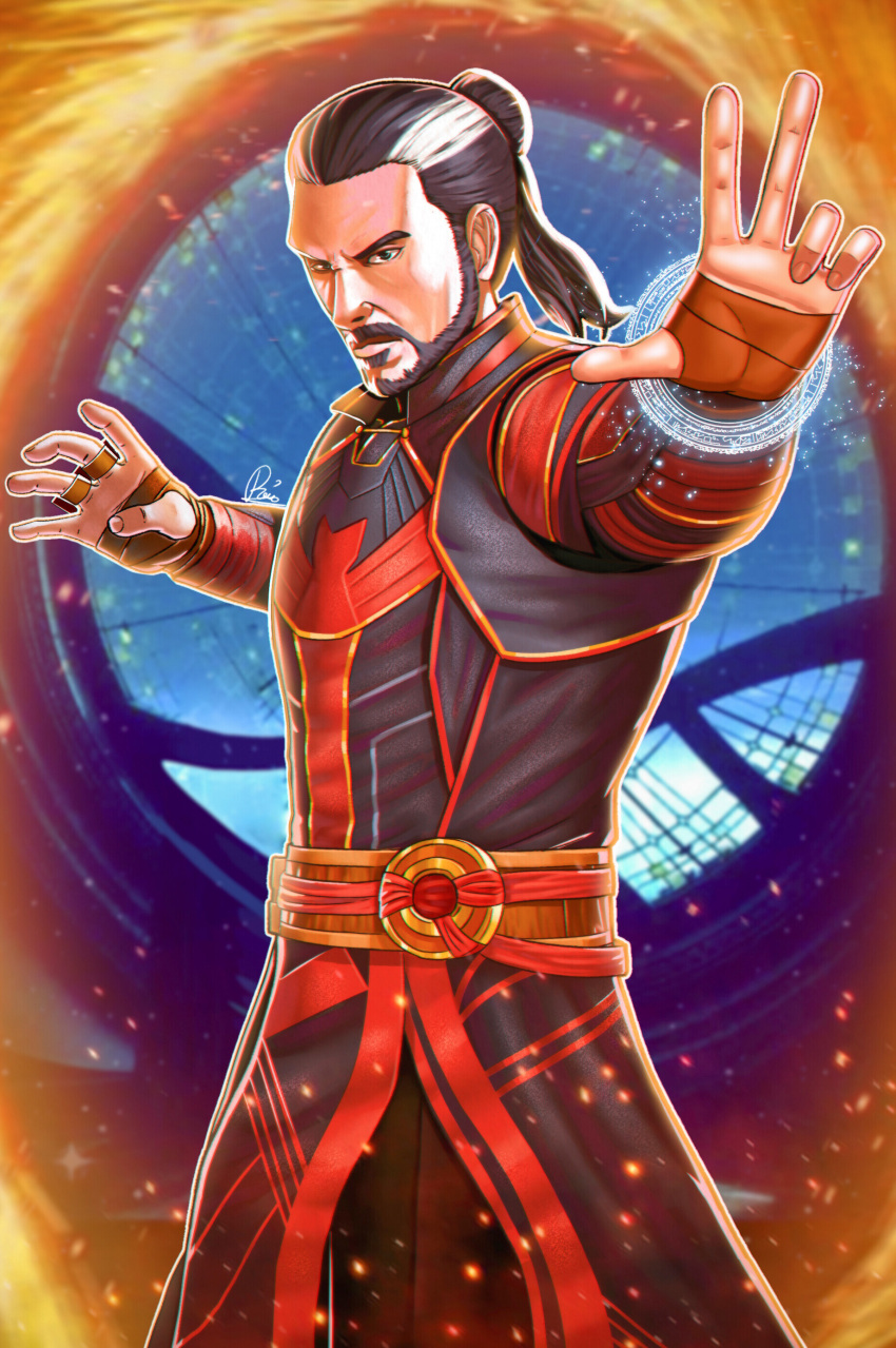 1boy, absurdres, alternate_costume, animification, bao_nguyen, beard, commentary, cowboy_shot, disney, doctor_strange, doctor_strange_in_the_multiverse_of_madness, english_commentary, facial_hair, fantasy, fighting_stance, highres, looking_at_viewer, magic, male_focus, marvel, multicolored_hair, official_alternate_costume, outstretched_arm, two-tone_hair
