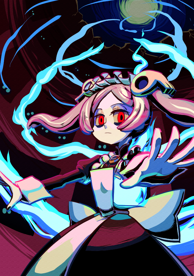 1girl, apron, bangs, black_nails, bloody_marie_(skullgirls), cowboy_shot, expressionless, frills