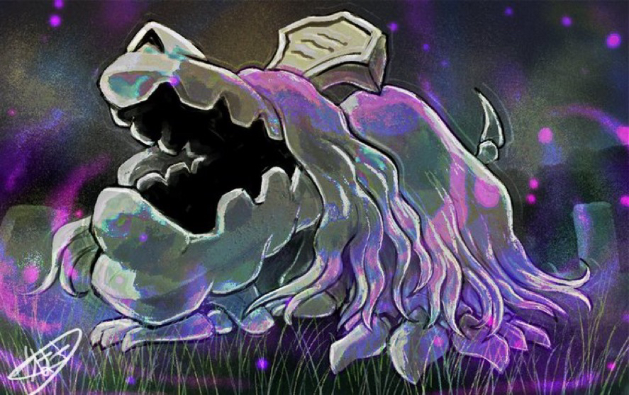 animal_focus, commentary_request, energy, full_body, grass, houndstone, kaosu_(kaosu0905), night