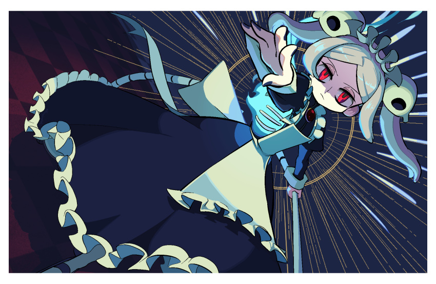 1girl, apron, bangs, black_nails, bloody_marie_(skullgirls), border, dutch_angle, full_body