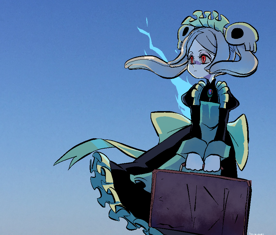 1girl, apron, bangs, bloody_marie_(skullgirls), briefcase, cowboy_shot, gem, grey_hair