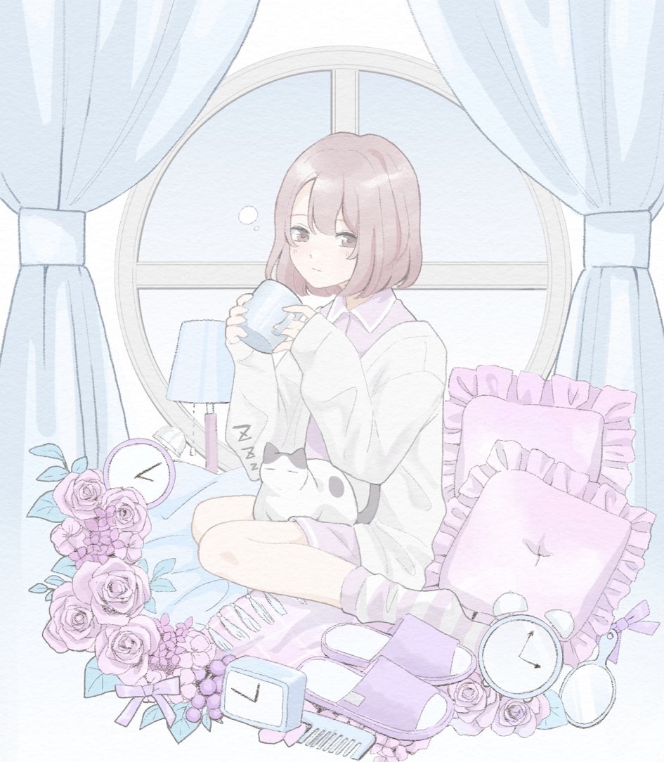 1girl, alarm_clock, animal, animal_on_lap, bangs, blank_thought_bubble, brown_eyes, brown_socks